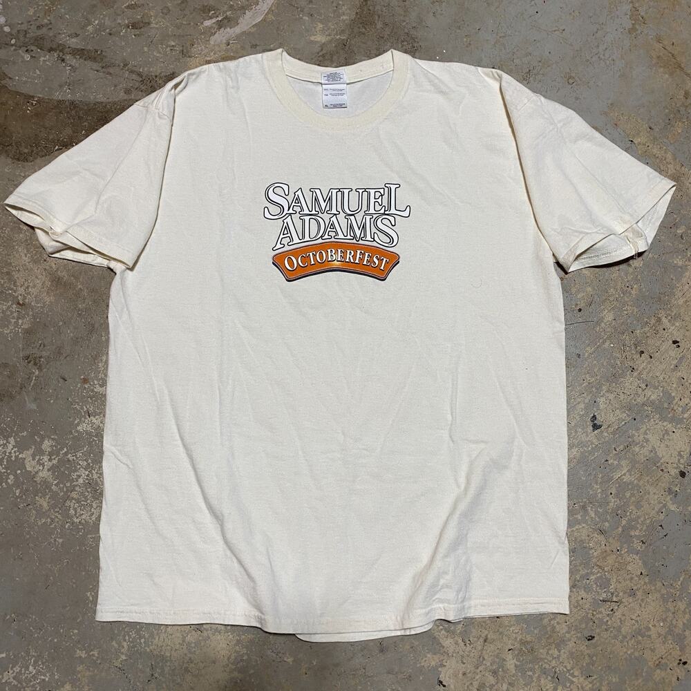 Vintage 1990s Samuel Adams Octoberfest Beer Graphic Cream T-Shirt Gildan Size XL